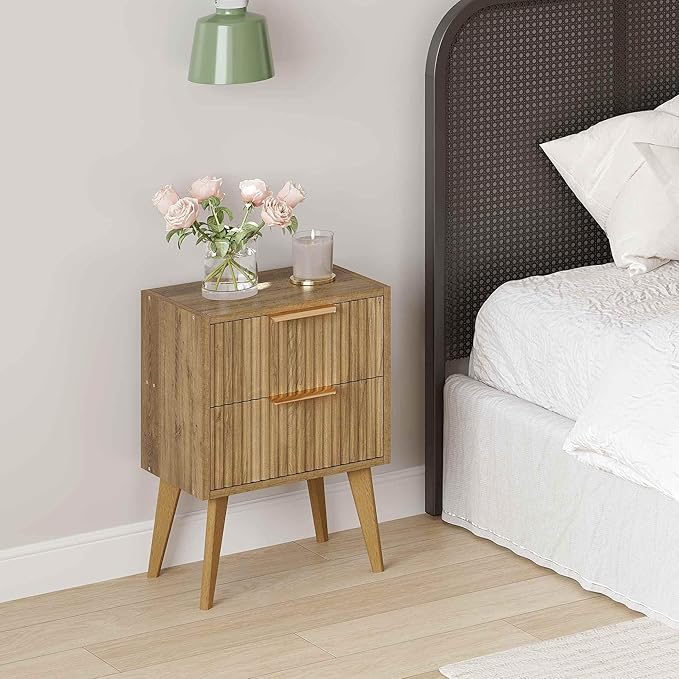 Fluted Nightstand with 2 Drawers, Modern Bedside Table with Metal Handles - Image 2