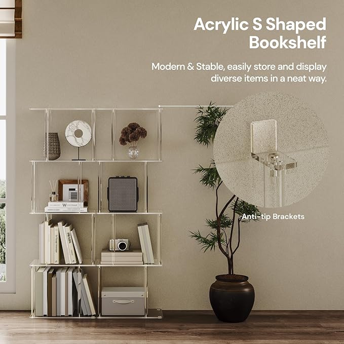 Acrylic Geometric Bookshelf for Small Spaces, 5-Tier Clear S Shaped Bookcase - Image 5