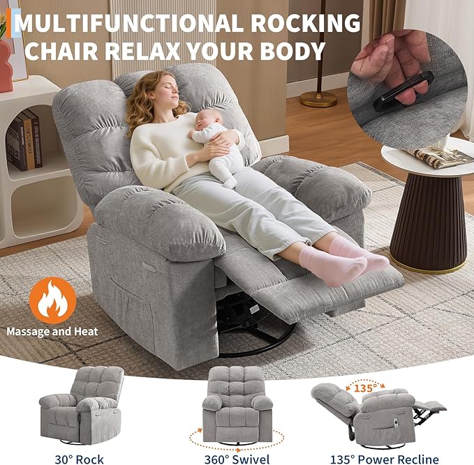 Rocking Recliner Chair with Vibration Massage & Heat, 360° Swivel Oversized - Image 7