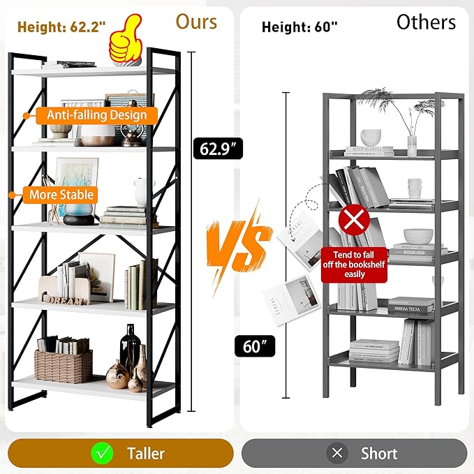 Shintenchi 5 Tiers Bookshelf, Classically Tall Bookcase Shelf, Industrial Book - Image 3