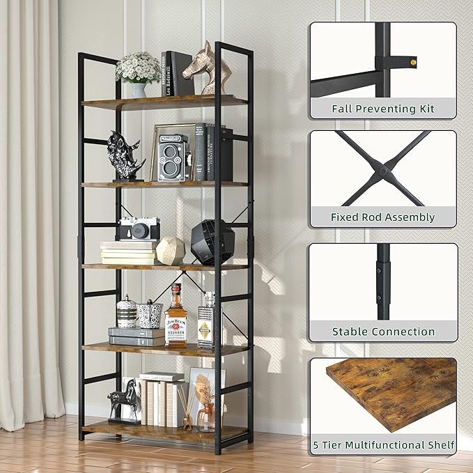 OTK 5 Tier Bookshelf, Tall Bookcase, Office Shelf Storage Organizer, Modern - Image 4