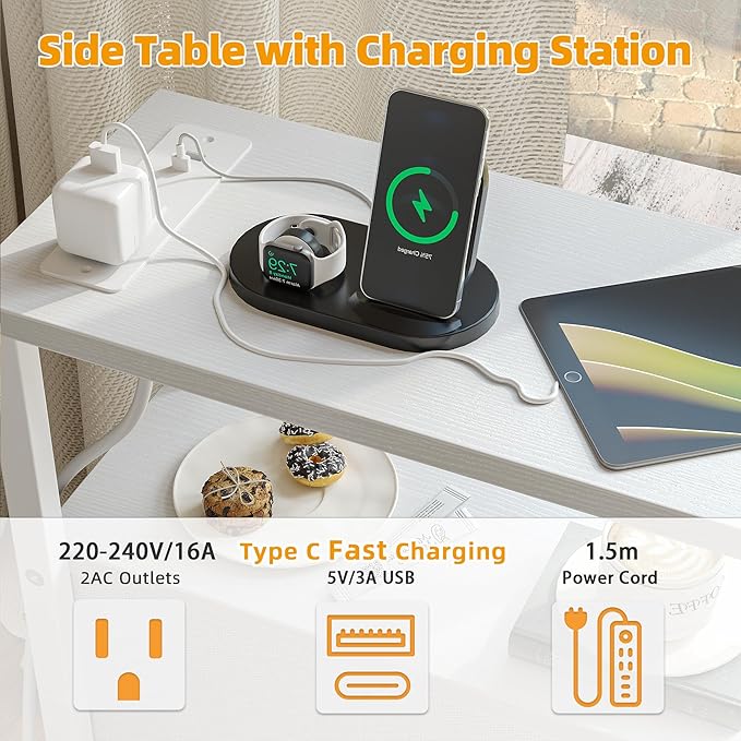 TIQLAB End Table with Charging Station, Narrow Side Table with 2 Fabric Drawers - Image 5