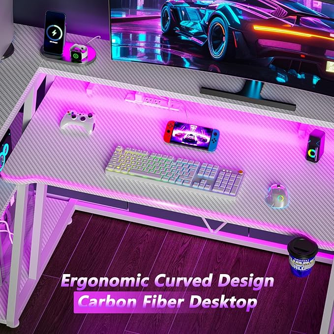 55 Inch White Gaming Desk with Power Outlet & LED Lights, L Shaped Computer - Image 7