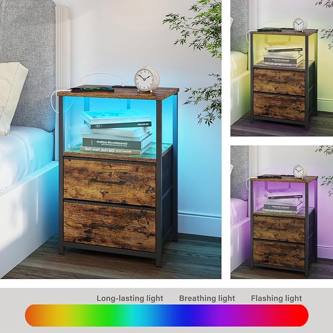 TUTOTAK LED End Table with Charging Station, Nightstand with Cloth Drawer - Image 6