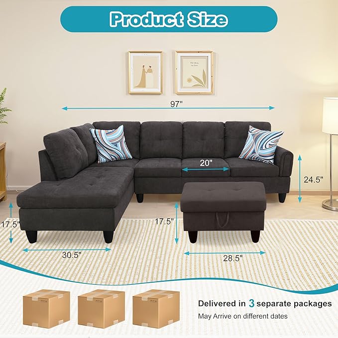 L Shaped Couch Modern Sectional Couch Upholstered Fluffy Fabric 3 Pieces Sofas - Image 2