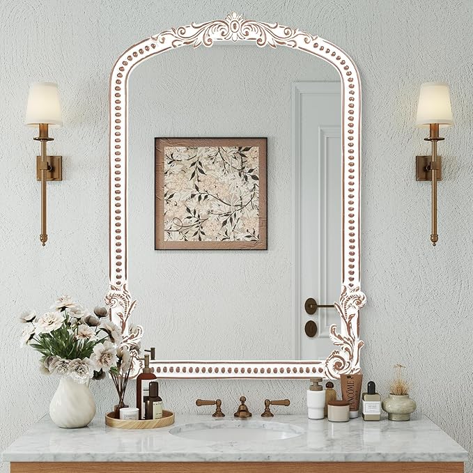 25x35 Inch Baroque Arched Wall Mirror Wooden, Rustic Farmhouse Decorative - Image 6