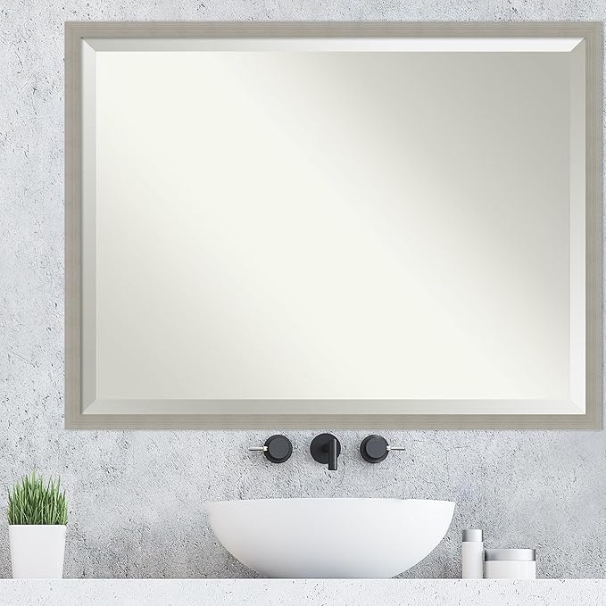 Amanti Art Grey Wall Mirror 32x42 Woodgrain Stripe Grey Rectangle Bathroom - Image 5
