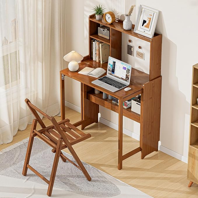 31.1" Bamboo Folding Desk with Bookshelf, Compact Computer Desk - Image 4