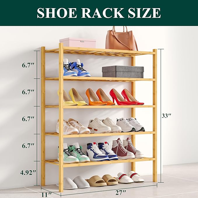 Smiry Shoe Rack, 5 Tier Bamboo Shoe Organizer, Stackable Free Standing Wooden - Image 2