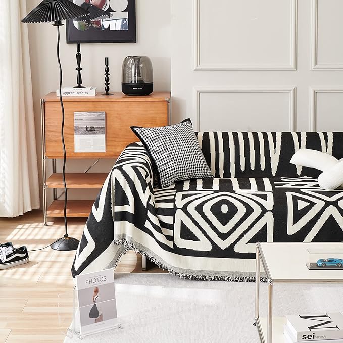 STACYPIK Reversible Boho Couch Cover Ivory Black Futon Armchair Slipcovecrs by STACYPIK