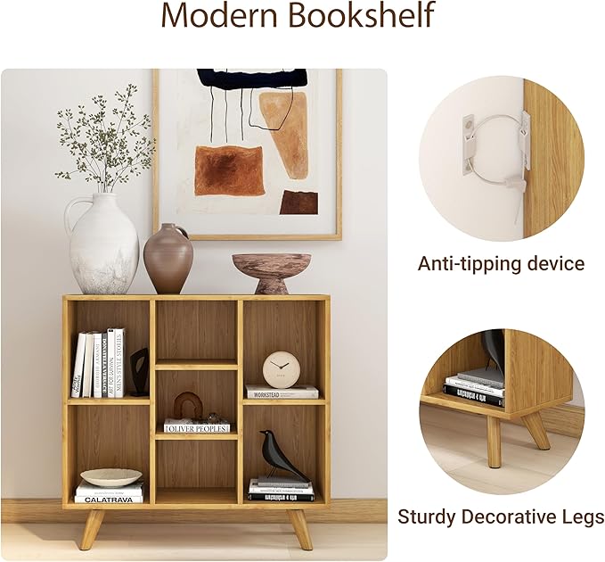 Manora Bookshelf with 7 Open Storage Cubes, Wooden Bookcase Organizer, Rustic - Image 4
