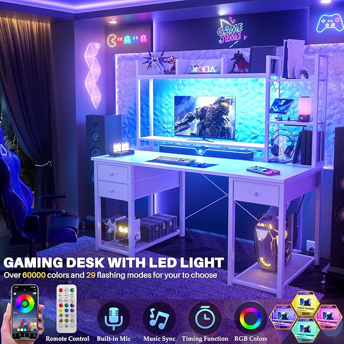 Aheaplus Desk with LED and Outlets, Gaming Desk with Hutch, 47.2'' Computer - Image 5