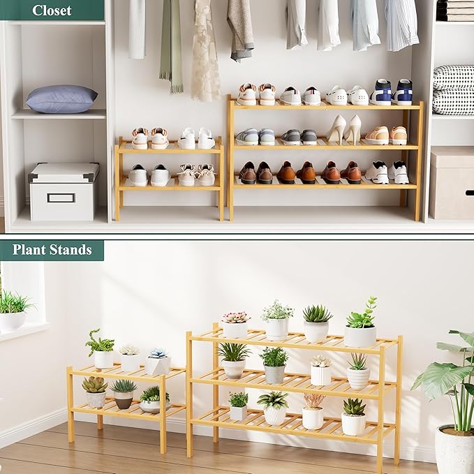 Smiry Shoe Rack, 3 Tier Long Bamboo Shoe Organizer, Stackable Free Standing - Image 7