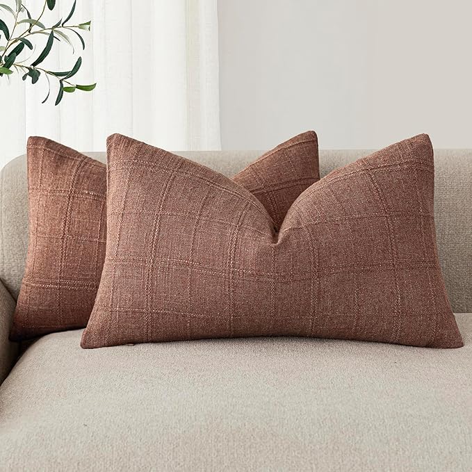 Foindtower Set of 2 Decorative Linen Check Throw Pillow Covers Neutral by Foindtower