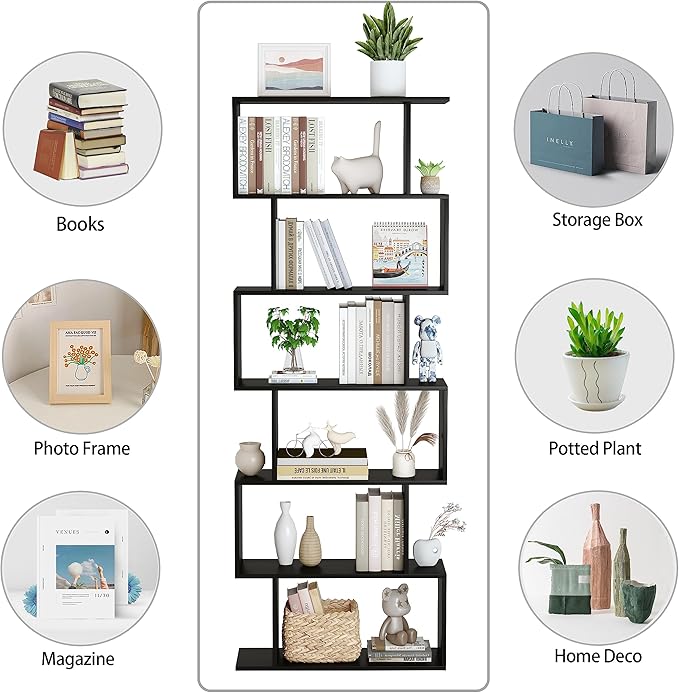 Yusong Bookshelf 6-Tier, Geometric Bookcase S Shaped Book Shelves - Image 7