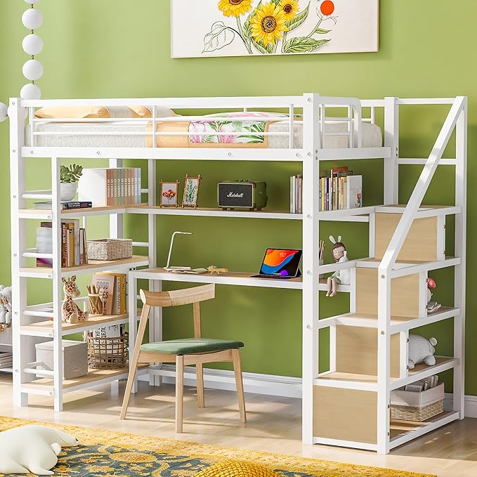 Twin Size Metal Loft Bed with Staircase, Full-Length Guardrails, a Built-in - Image 3