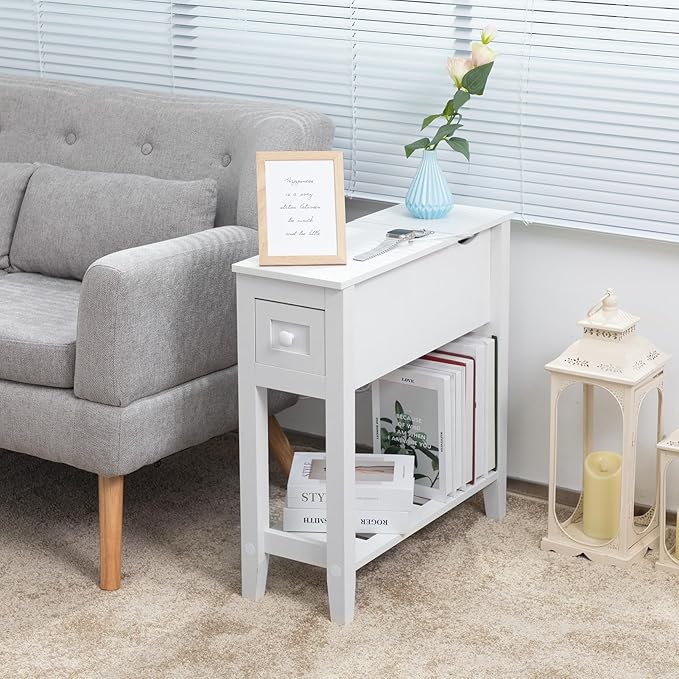 White End Table with Movable Top and Charging Station, Narrow Side Table with - Image 4