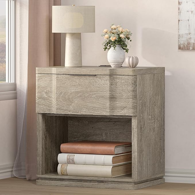 Night Stand with Charging Station, Wooden Mid Century Modern Nightstand with by MECHYIN