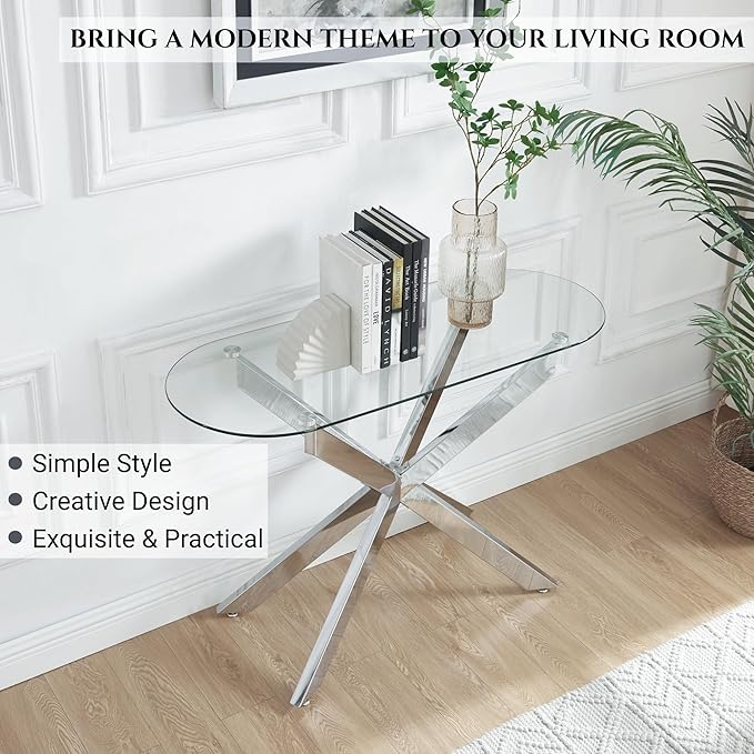 Modern Glass Oval Console Table, Entryway Hallway Narrow Sofa Table, Entrance - Image 3
