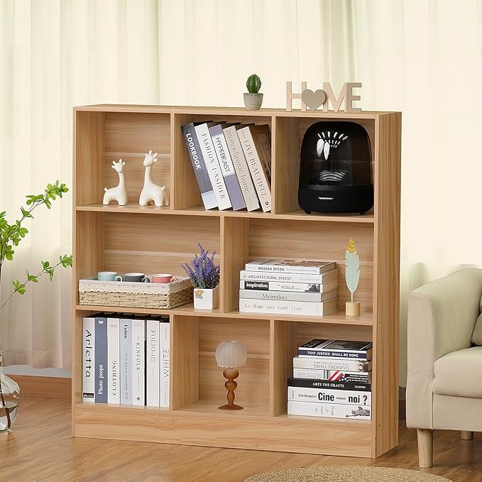 LEYAOYAO 8 Cube Bookshelf with Base, 3 Tier Mid-Century Modern Natural Bookcase - Image 7