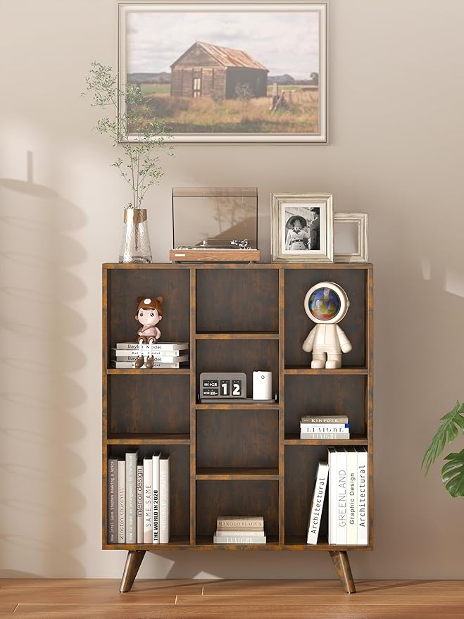 Manora Rustic Brown 10 Cube Mid Century Modern Bookshelf, Wooden Storage - Image 7