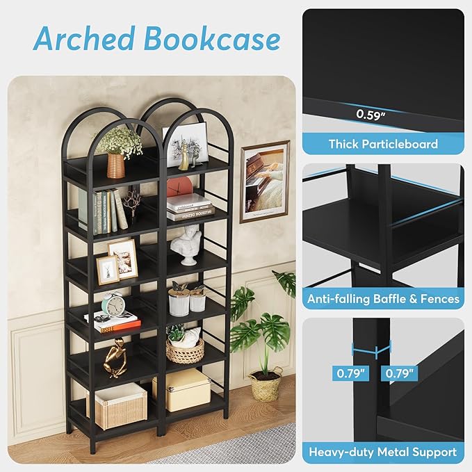 LITTLE TREE 6-Tier Open Bookshelf Set 2, Freestanding 78.7" Tall Arched Bookcase - Image 6