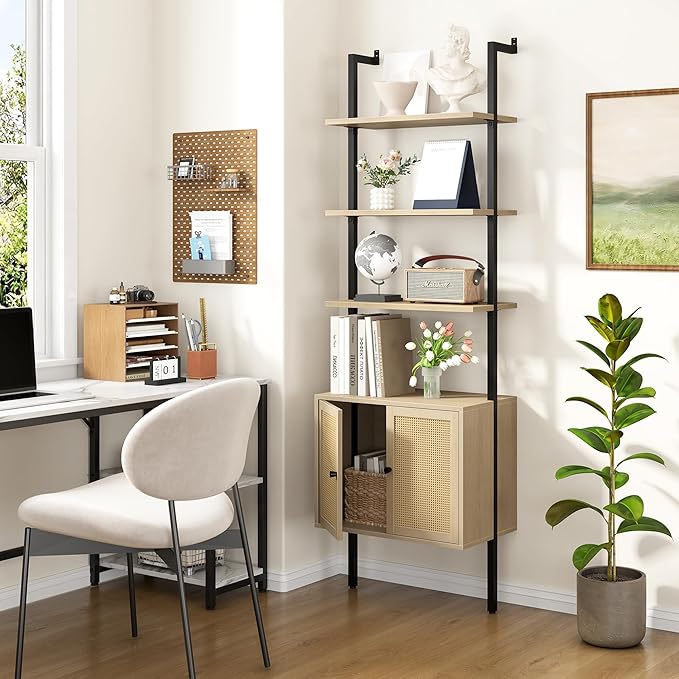 Yusong 73" Tall Bookshelf with Cabinet, Industrial Ladder Wall Mount Shelf - Image 4