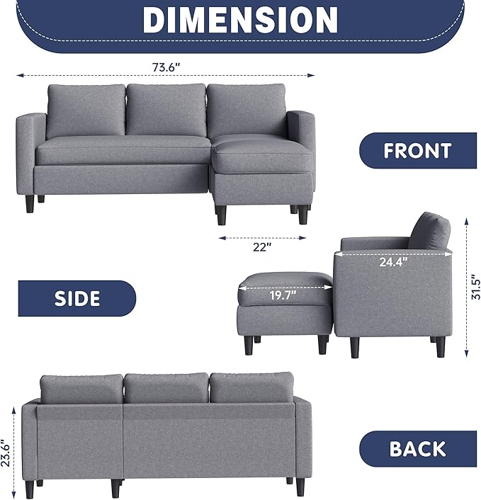 Small Sectional Sofa Couch, 3 Seat L Shaped Couches - Image 2