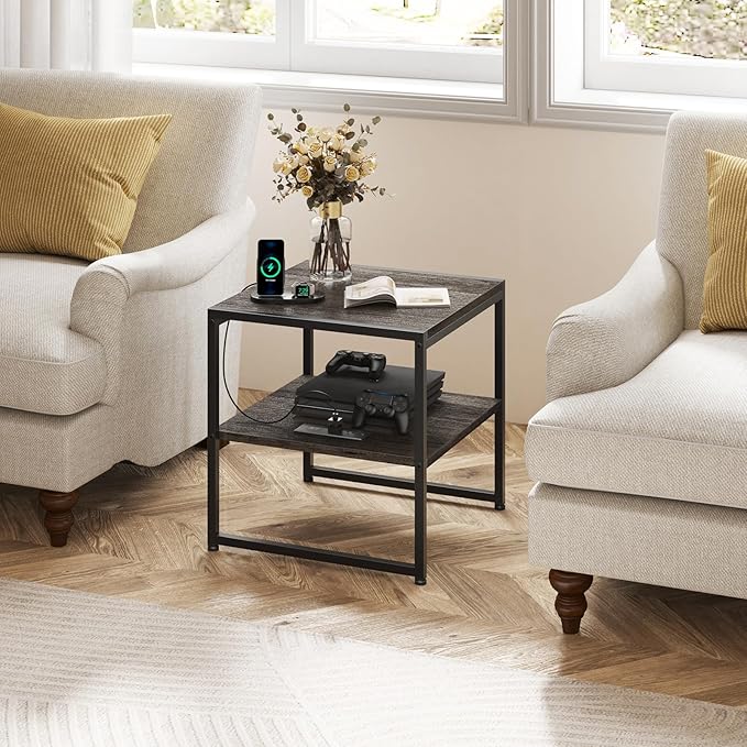 Tatub 20" End Table with Charging Station, Industrial Square Side Table with - Image 5