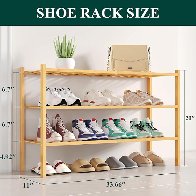 Smiry Shoe Rack, 3 Tier Long Bamboo Shoe Organizer, Stackable Free Standing - Image 2