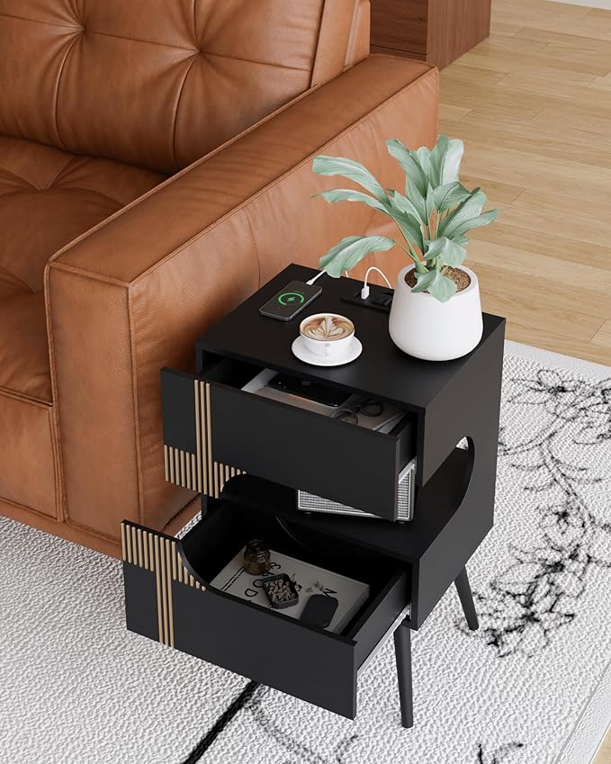 Black Nightstand with Charging Station and LED Lights, Modern Bedside Table - Image 8