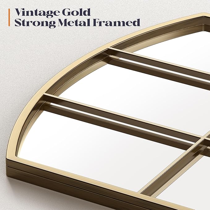 Window Pane Gold Mirror, Brass Rustic Arch Mirrors Large Grid Mirror - Image 6