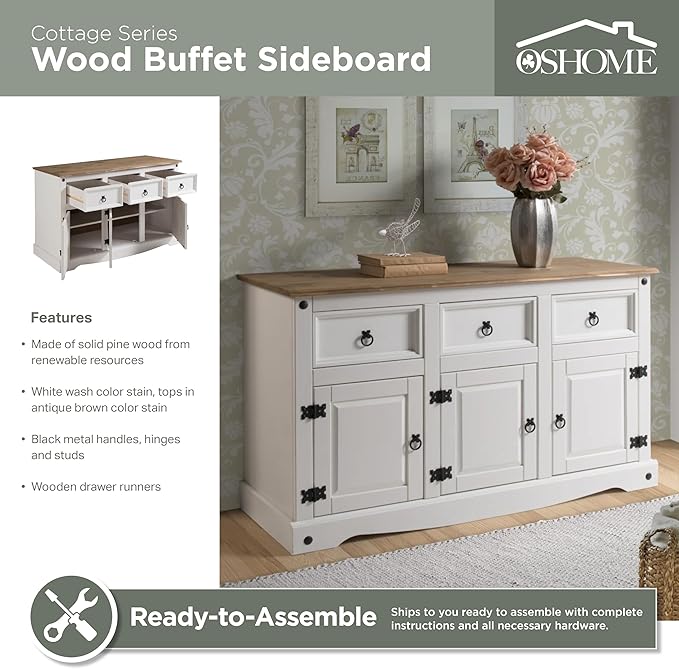OS Home and Office Furniture Cottage Series Wood Buffet Sideboard in White - Image 4