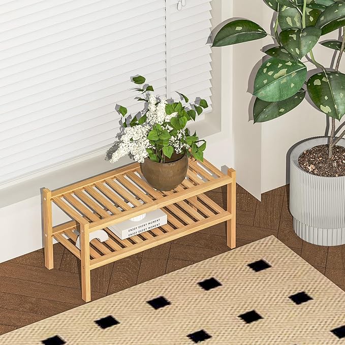 Bamboo Shoe Rack 2-Tier Organizer-Stackable Storage Shelf - Image 2