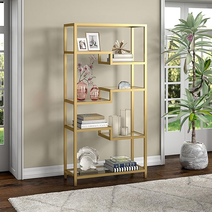 Henn&Hart 68" Tall Rectangular Bookcase in Brass, - Image 2