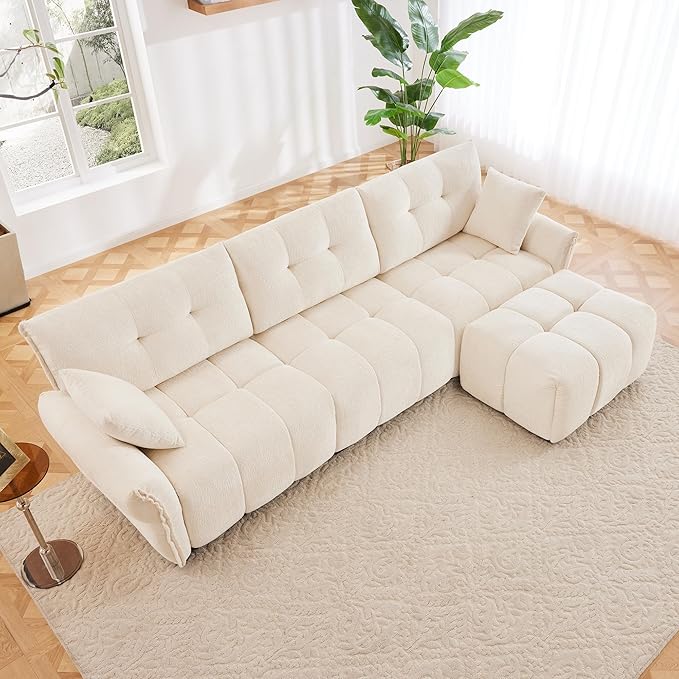 Modern Chenille Fabric 3-Seat Sofa w/Ottoman+2 Pillows, Premium Upholstery - Image 3
