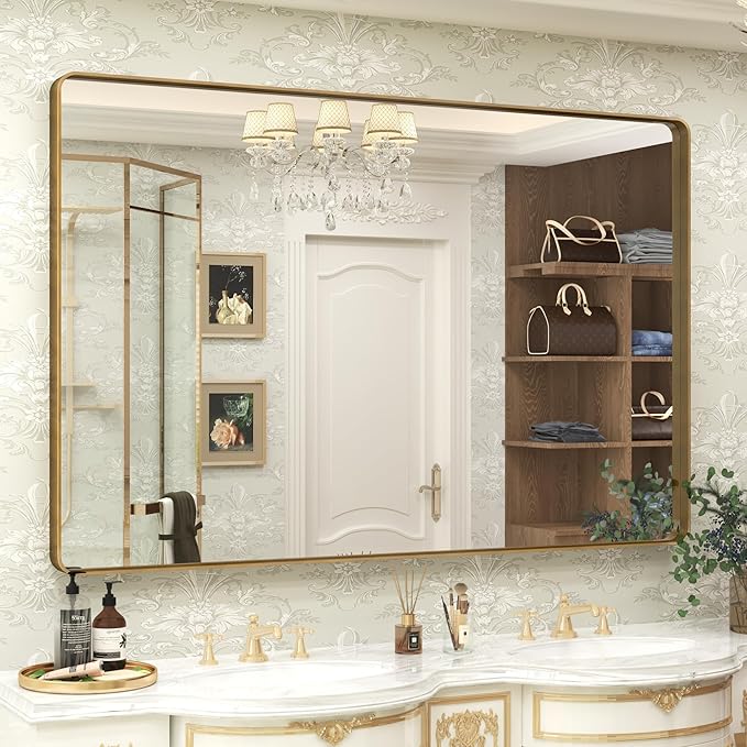 60x40 Gold Bathroom Mirror, Brushed Metal Frame Gold Vanity Mirror, Large by CHARMOR