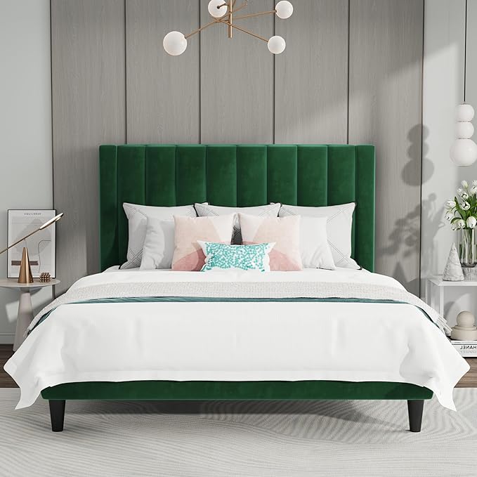 SHA CERLIN Queen Bed Frame/Velvet Upholstered Platform Bed Frame by SHACERLIN