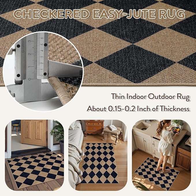 Lahome Checkered Easy Jute Kitchen Rug, 2x3 Indoor Door Mat Small Neutral Area - Image 4