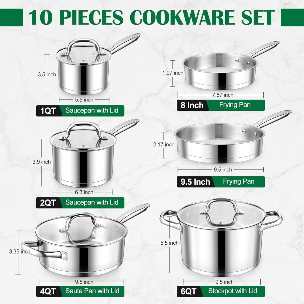 E-far 10-Piece Stainless Steel Cookware Set, Induction Pots and Pans Set with Tri-Ply Base, Non-toxic Kitchen Cooking Set w/Frying Pan, Saucepan, Saute Pan, Stockpot with Lids, Oven & Dishwasher Safe