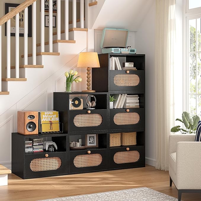 3-in-1 Modular TV Stand with Rattan Doors, DIY Media Console Boho Entertainment - Image 5