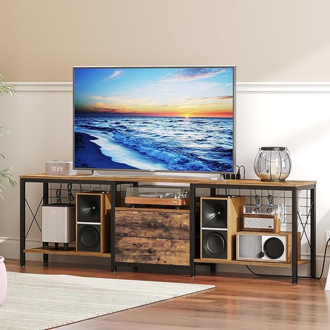 TV Stand with Power Outlet Up to 75 Inch, Entertainment Center with 2 Fabric - Image 2