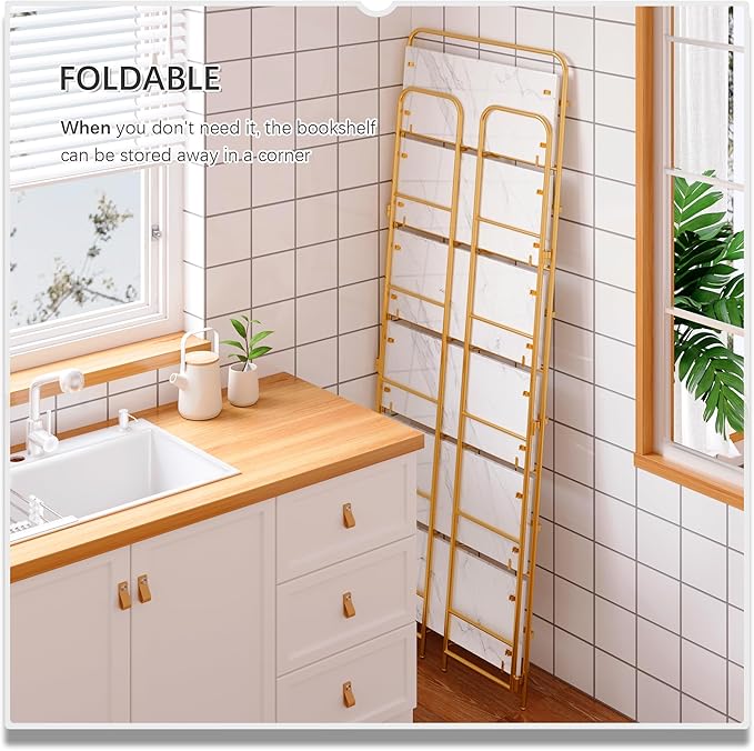 4NM No Assembly Folding Bookshelf 6 Tiers Vintage Industrial Gold Book Shelf - Image 4