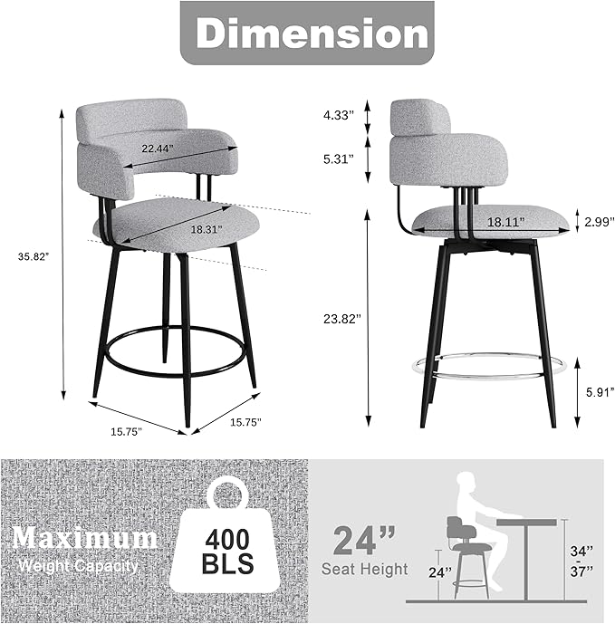 Swivel Bar Stools Set of 2, Counter Height Bar Stools - Image 2