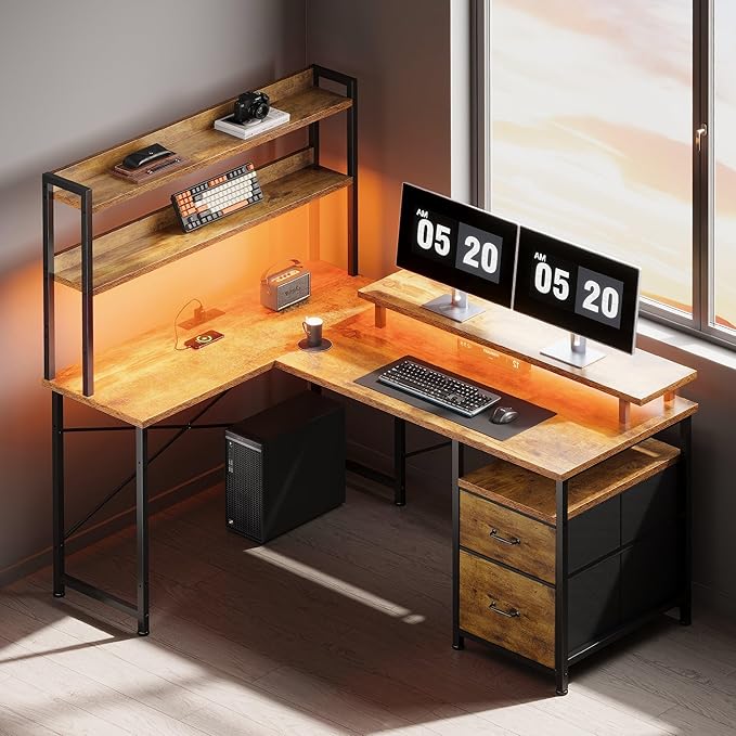 L Shaped Desk with Shelves, Reversible Computer Desk with LED Lights and - Image 2