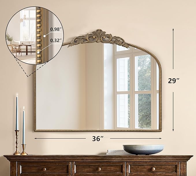 Micasso Gold Antique Wall Mirror: 29"x 36" Large Arched Mirror - Image 4