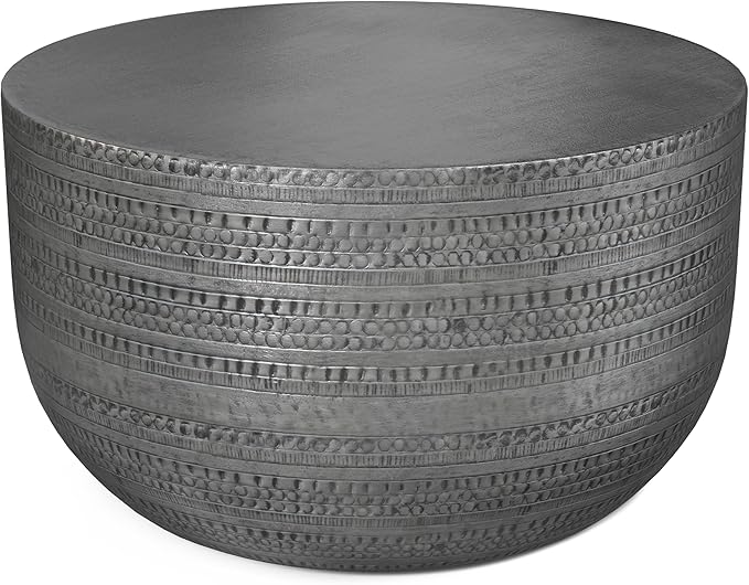 SIMPLIHOME Johnsen 30-inch Wide Metal Drum Coffee Table in Antique Silver by SimpliHome