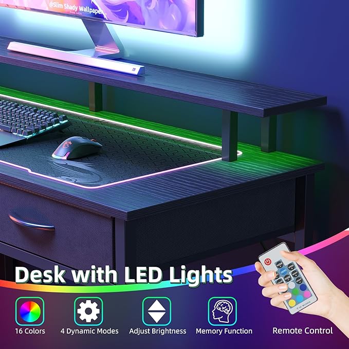 Computer Desk with 5 Drawers, Gaming Desk with LED Lights Power Outlets and - Image 4