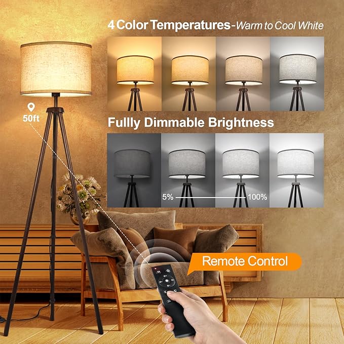 OUTON Wood Tripod Floor Lamp, Mid Century LED Dimmable Floor Lamp - Image 2