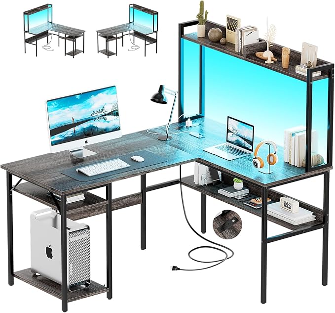 L Shaped Computer Desk with Hutch and Storage Shelves, Gaming Desk with LED by Hyomdeck